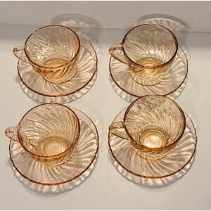 Vintage Arcoroc France Glassware Set of 4 Rosaline Pink Swirl Tea Cups & Saucers